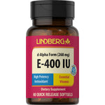 E-400 IU d-Alpha Form Dietary Supplement, 60 quick-release softgels in clear bottle.