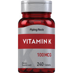 Vitamin K dietary supplement bottle containing 240 tablets, each providing 100 mcg, ideal for supporting overall health needs.