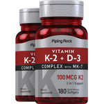 Two bottles of Vitamin K-2 + D-3 Complex with MK-7, 100 MCG K2, and 180 Quick Release Softgels featured.