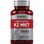 Vegetarian K2 MK7 supplement, 100 MCG per serving with 180 vegetarian capsules in the bottle.