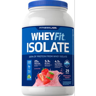 FL WheyFit Isolate 2 lb tub of protein powder, Wild Strawberry Explosion flavor, offers 25g protein per 29 servings.