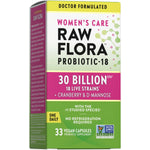 Women's Care Raw Flora Probiotic-18 with 30 Billion CFU, 18 live strains, cranberry, D-Mannose, and 33 vegan capsules.