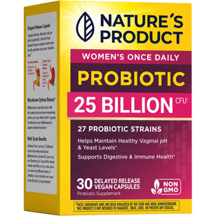 Nature's Product Women's Once Daily Probiotic, 25 Billion CFU, with 30 vegan capsules, delayed release, and non-GMO.