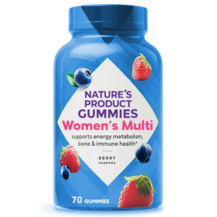 A bottle of women's multi gummies with berry flavors, containing 70 pieces, designed for nutritional support.