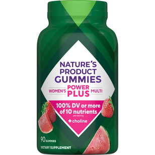 Women's Power Plus Multi Gummies, 90 count, offering 100% DV or more of 10 nutrients per serving plus choline. Dietary Supplement.