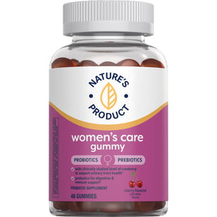 Women's Care Gummy Probiotic Supplement with Prebiotics, cherry flavored, contains 48 gummies.